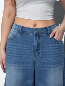 Maija Plus-Size Denim Bermuda Shorts, High-Waisted Wide-Leg Pants With Comfortable Elastic Waistband - Medium Wash - View 6