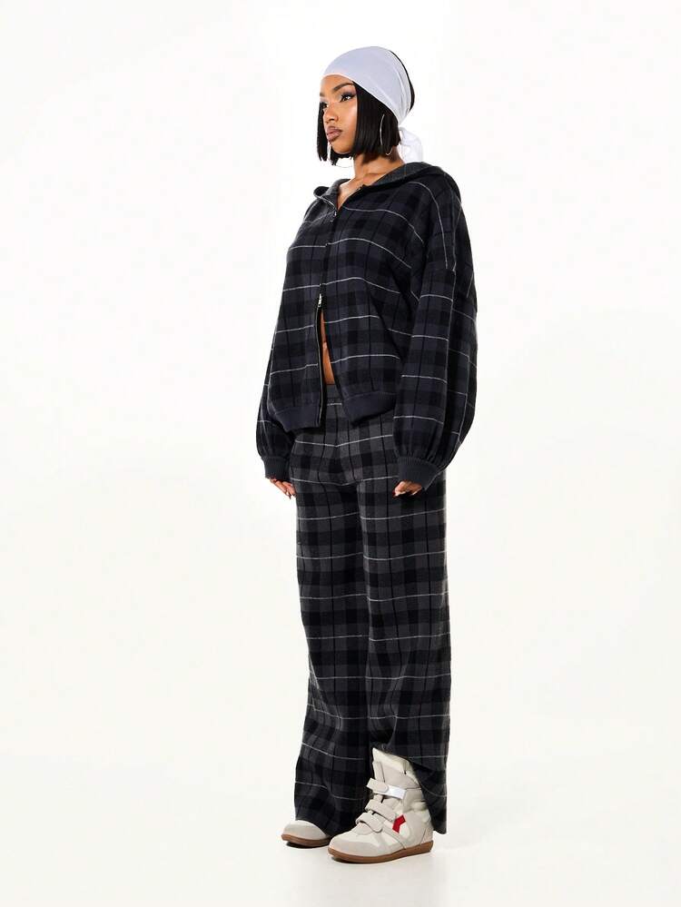 SUMWON WOMEN Oversized Check Jacquard Knitted Wide Leg Joggers