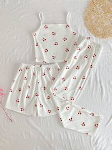 SHEIN 3件套少女简约白色底红色樱桃印花吊带背心、短裤和长裤休闲舒适睡衣 - 白色 - 查看 2
