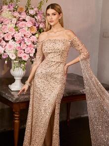 MOTF Soiréza Đầm maxi nữ thanh lịch, ôm sát, hở vai, tay dài, đính sequin lấp lánh, xẻ cao, dáng đuôi cá – lý tưởng cho các sự kiện trang trọng, dạ hội, tiệc tùng và bữa tối. - Rượu sâm banh - Xem 7