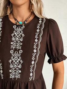 LanaWest Floral Embroidery Puff Sleeve Casual Vacation Shirt - Coffee Brown - View 2