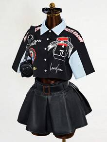 Mistrie 女士休闲时尚街头通勤字母印花撞色落肩宽松短款衬衫，夏季 - 彩色 - 查看 1