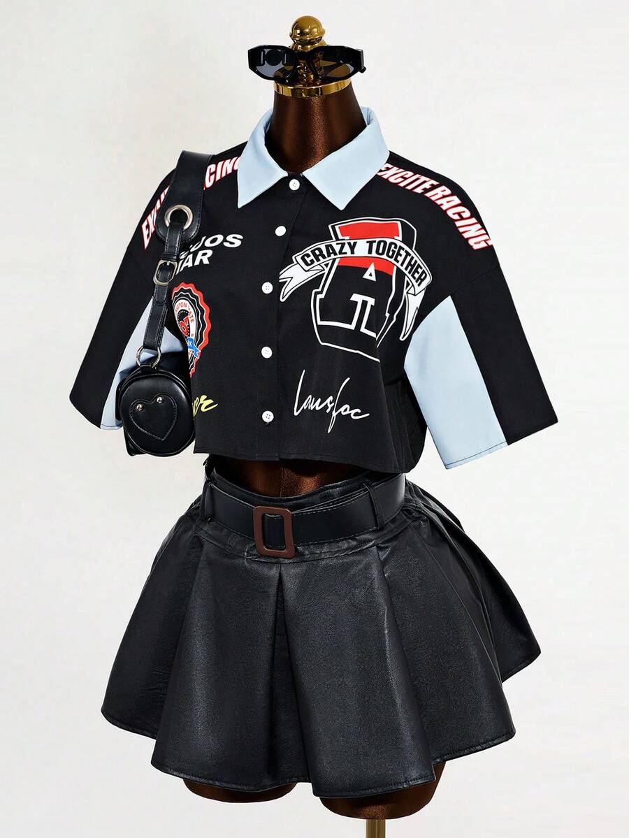 Mistrie 女士休闲时尚街头通勤字母印花撞色落肩宽松短款衬衫，夏季 - 彩色 - 查看 1