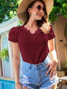 SHEIN Clasi Blusa Solta de Manga Curta com Gola V Elegante e Floral para Mulheres - Vinho - Visão 6