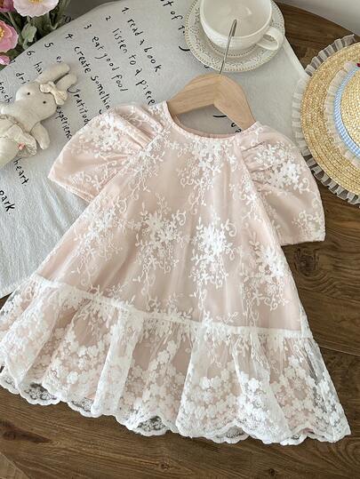LMoss Kids 女婴圆领泡泡袖花卉刺绣网纱可爱连衣裙