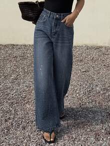 DAZY Women's Regular Waist Loose Rhinestone Embellished Casual Straight Leg Jeans - Medium Wash - View 3