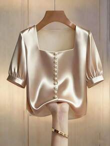 Franclia Summer Minimalist Studded Square Collar Puff Sleeve Loose Casual Commuter Shirt - Apricot - View 1