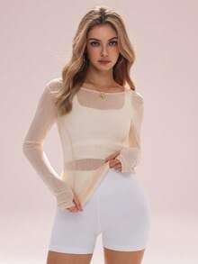 Sovereign Charm Áo thun dài tay thời trang họa tiết hoa Macaron, kiểu dáng năng động, có dây buộc chéo phía sau và cổ tay áo xỏ ngón cái. - Màu be - Xem 6