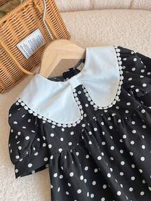 Genkimix Kids 少女时尚波点印花可爱彼得潘领泡泡袖上衣，春季甜美日常穿搭 - 彩色 - 查看 4