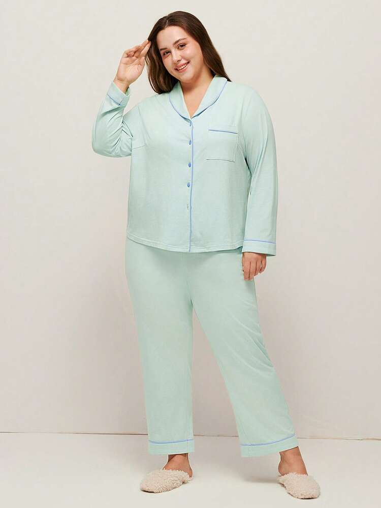 Plus Cotton Button-Up Top & Pants PJ Set