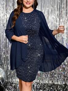 SHEIN Clasi 加大码黑色金箔雪纺开衫和无袖连衣裙两件套，派对/宴会瀑布领开衫和修身连衣裙套装 - 藏蓝色 - 查看 7