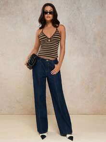 Áo croptop nữ gợi cảm hở lưng, buộc dây phía trước, kẻ sọc, thích hợp cho kỳ nghỉ biển. - màu nâu - Xem 6