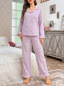 CottageSlumber Conjunto de pijama de cárdigan con cuello de volantes de burbujas florales y pantalones para mujer, ropa de otoño e invierno - Multicolor - Ver 4