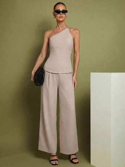 COSMINA Women's Apricot Sleeveless Camisole Top And Long Pants 2 Piece Set, Commuting Casual Elegant Outfit, Available In Light Khaki, Beige, Light Brown Solid Colors, Suitable For Leisure And Vacation