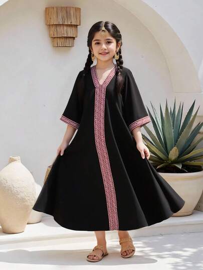 SHEIN Explorewe Tween Girl Gold Lace Decor V-Neck Sleeveless Dress With Belt, Casual Style, Spring/Summer,Holiday,Summer,Travel