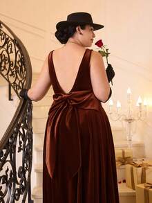 SHEIN MOD Plus Size Vintage Red Open Back Bow Tie A-Line Midi Dress, Wedding Dress, Date Dress, Valentine's Day Dress - Brown - View 6