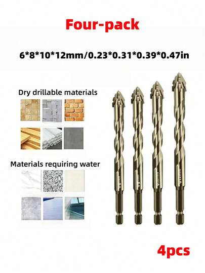 四件套多功能旋转锤钻套装，六角柄 - 钨钢钻头/高硬度，固定牢固，适用于玻璃、混凝土、大理石/塑料和木材 - 尺寸从 6 毫米到 12 毫米，开孔器和工具配件，钻孔工具，木工工具（钻头颜色仅供参考，请以实际产品颜色为准）。