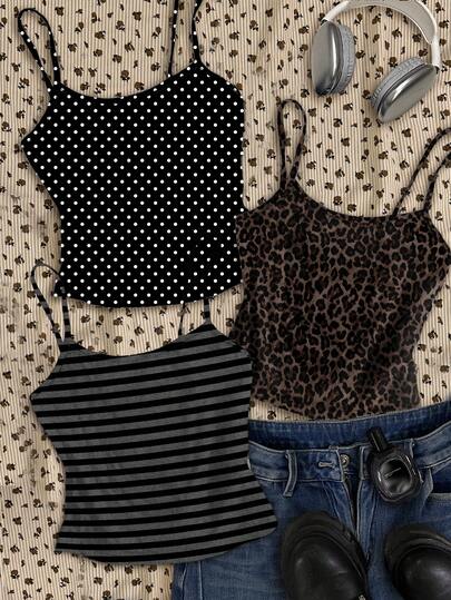 Attitoon 3pcs Women's Vintage Versatile Comfortable Leopard, Stripe, Polka Dot Print Camisole Tops, Suitable For Summer, Outings, Matching Outfits, Airport Looks, Chic, Y2K Spring