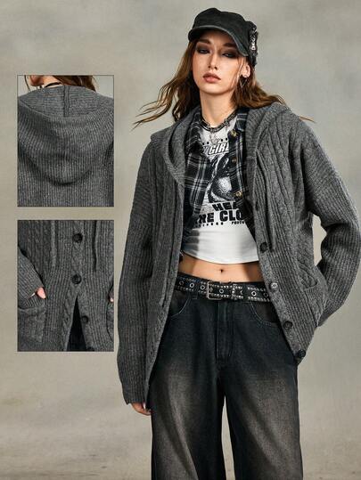 Vintage Loose Fit Gray Cable Knit Hooded Cardigan For Women, Thick Warm Sweater Jacket, Versatile Top For Autumn/Winter