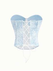 Bonmuse Áo crop top corset ren vá phong cách cung điện kiểu Pháp gợi cảm, vừa vặn, thời trang - Màu xanh nhạt - Xem 2