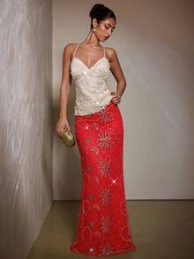 SHEIN BAE 女士刺绣亮片半身裙，夏季派对时尚之选 - 紅色 - 查看 6