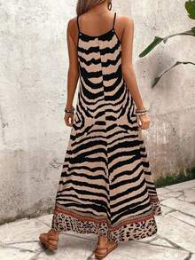 EMERY ROSE 女式豹纹宽松长款吊带裙，优雅适合日常穿着和度假穿着，夏季 - 卡其色 - 查看 2