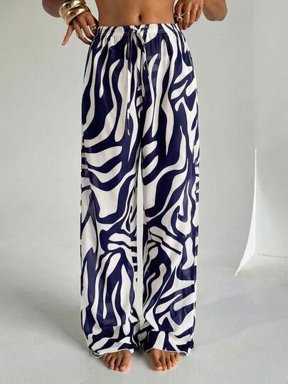 Aloruh Women's New Zebra Print Beach Pants, Low Waist Wide Leg Pants, Maxi Length Pants, Women's Resort Wear