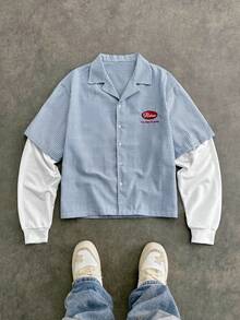 Manfinity Unisex Men's Letter Embroidery 2 In 1 Long Sleeve Casual Striped Shirt - Blue and White - View 1