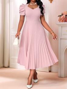 SHEIN CURVE+ Đầm thanh lịch màu trơn cổ tim tay phồng gấu xếp ly dành cho nữ cỡ lớn, thích hợp cho ngày Valentine. - Hồng - Xem 6