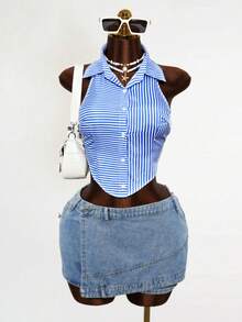 Spring And Summer Back Tie Bow-Knot Casual Design Sense Shirt - Blue and White - View 3