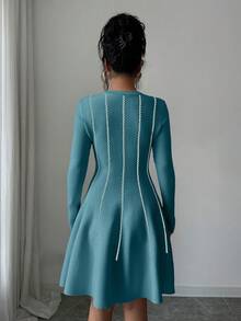 SHEIN Elenzya Autumn/Winter Korean Style Elegant Colorblock Round Neck Long Sleeve Cinched Waist Short Puff Dress - Blue - View 2