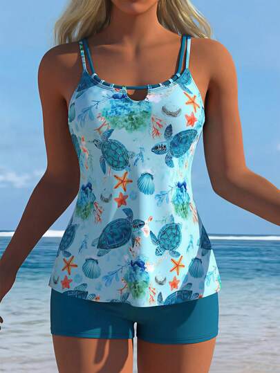Swim Lushoire 2pcs Women's Camisole Strap Tankini Set, Marine Life Print Swimsuit, European & American Style Beach Maxi Dress Swimwear