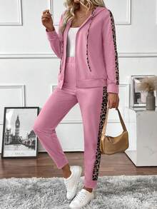 EURMUSE 2pcs Women Leopard Print Zip-Up Hooded Long Sleeve Top And Pants Set - Rusty Rose - View 4