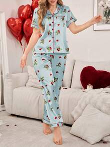 SHEIN 蝴蝶结樱桃印花翻领开衫仿丝绸女士睡衣套装 - 藍色 - 查看 4