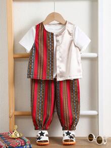 SHEIN Setelan Rompi dan Celana Panjang Model Lentera Motif Geometris Blok Warna untuk Bayi Laki-laki, Warna Putih, Gaya Boho Musim Panas, Pakaian Pesta Ulang Tahun, Formal, Pernikahan, dan Pertunjukan - MultiWarna - View 3