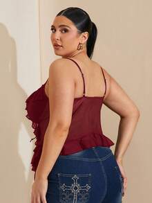SHEIN BAE Áo hai dây lưới xếp ly cỡ lớn dành cho nữ, thích hợp cho lễ Phục sinh, lễ tốt nghiệp, đi club, mùa xuân, mùa hè, đêm lễ hội, sinh nhật, đám cưới, kỳ nghỉ, buổi hòa nhạc. - Màu Đỏ Sâu - Xem 2