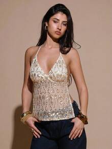 SHEIN BAE 女士花卉亮片露背性感时尚吊带上衣 - 杏色 - 查看 5