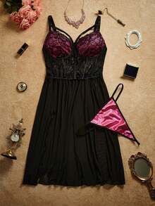 مجموعة فستان وسروال داخلي من الدانتيل والشبك مع شق جانبي للمرأة ذات الحجم الكبير - الأسود - مشاهدة 1