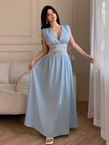 Celisse Blue Embroidered Mesh Splice Deep V-Neck Elegant Dress For Women - Blue - View 3