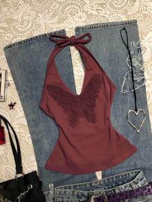 Glimmora Women's Casual Butterfly Embroidery Backless Halter Top, Summer - Red - View 1