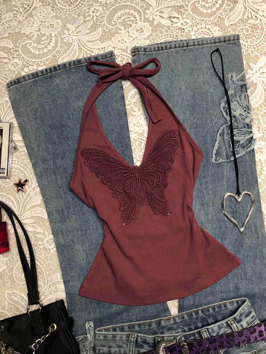 Glimmora Women's Casual Butterfly Embroidery Backless Halter Top, Summer - Red - View 1