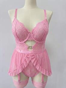 SHEIN 4pcs Plus Size Lace Lingerie Set With Underwire, Sexy Intimate Apparel For Valentine's Day - Pink - View 6