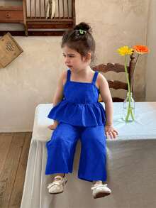 SHEIN LMoss Kids 女婴夏季可爱纯色吊带背心和松紧腰裤套装 - 藍色 - 查看 1