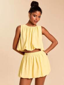 Travachic 纯色褶皱无袖上衣和荷叶边迷你裙套装 - 彩色 - 查看 7