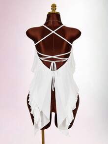 Amplova Y2K Women's Sexy Backless Tie Strap Asymmetrical Hem Camisole Tank Top, Suitable For Beach Vacation, Summer Summer Casual Women Outfits Summer Vacation Outfits  Spring Outfit Women Beach Outfit Mesh Bodycon Camisole With Sweetheart Neckline, Multi-Layered Ruffles, Irregular Hem, Sexy And Elegant Semi-Sheer Top Ruffle Top - White - View 7