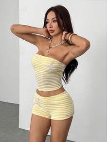 SHEIN PETITE New Summer Butter Yellow Beach Vacation Outfits Vacation Knit Tube Top Cropped Tank & Shorts Set Two Pieces Summer Sets 2 Pieces Sets Summer Summer Two Pieces Set 2 Pieces Summer Sets - Yellow - View 9