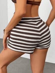 SHEIN PETITE 女士条纹弹力腰紧身休闲短裤，返校季女生穿搭，外出上衣，节日穿搭 - 咖啡棕 - 查看 3