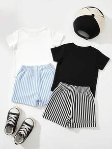 SHEIN Playful Pals 2件套男婴夏季休闲纯色短袖T恤和条纹熊印花短裤套装 - 彩色 - 查看 2