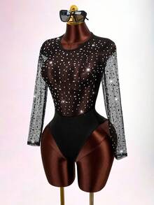 Mistrie Women's Fashionable Sexy Rhinestone Mesh Black Bodysuit,Glitter Top,Sparkly Bodysuit, Sequin Bodysuit Valentines Day Outfit,Wedding Party Outfit, Wedding Guest Outfit,Birthday Outfits,Summer Holiday Outfits,Y2k Clothes - Black - View 7