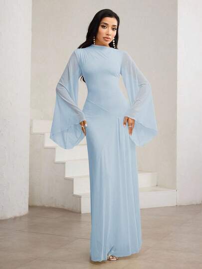 Veilorie Asymmetric Hem Ruched Oblique Collar Elegant Mustard Yellow Flare Sleeve Dress